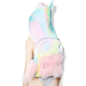 Cukura baby softy meitene ir tie-dyed krāsains unicorn kapuces noņemama mugursoma cepuri foršs street style smieklīgi mētelis velūra skolas soma