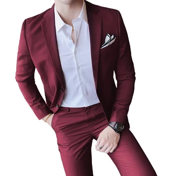 Jakas + Bikses / 2019 Jaunu High-end Zīmola Līgavainis Kāzu Kleitu Formālu Uzvalku 2 Gabals / Mens tīrtoņa Krāsu Slim Biznesa Ikdienas Uzvalki
