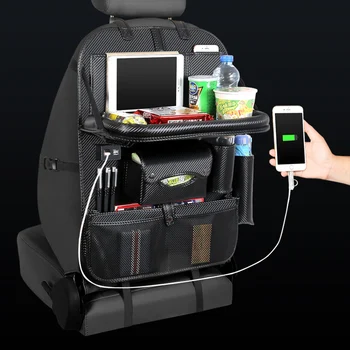 4 USB Lādētāju, Tālrunis Pad Krēslu Uzglabāšanas Automašīnas Aizmugurējā Sēdekļa Soma Salokāmo Galda Organizators Somas Kabatā Lodziņā Ceļojumu Uzpilde Talkas