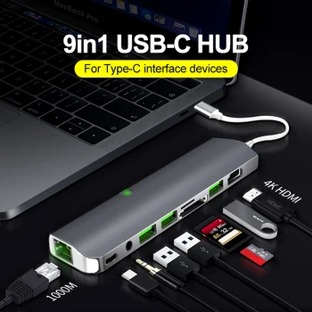 USB C Hub, 9 1 Multiport Hub, C Tipa Rumbu ar RJ45, HDMI USB3.0 PD SD TF 3.5 AUX Klēpjdatoru, vairākas Ierīces ar C Tipa Interfeiss