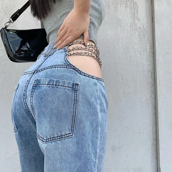 Weekeep Sexy Dobi No Ķēdes Sieviešu Džinsi Streetwear Retro Kokvilnas Modes Dizaina Pogu Lidot Taisnas Džinsa Bikses Slim Jean