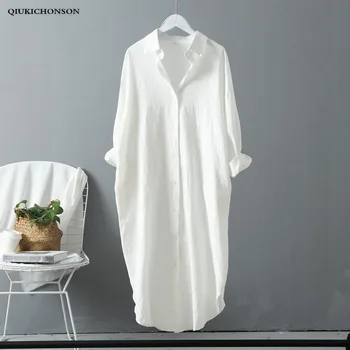 Korejas Gadījuma Balta Blūze Sievietēm Sānu Kabatas Dizaina Pavasarī, Rudenī, Dāmu Topi Ar Garām Piedurknēm Kokvilnas Veļa Plus Lieluma Gari Krekli