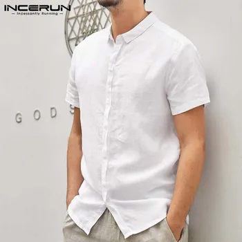 INCERUN Vīriešu Krekls Loose Fit Atloks Apkakli, Īsām Piedurknēm Vintage tīrtoņa Krāsu Streetwear Gadījuma Zīmola Krekls Vīriešiem Camisa Sociālo 2021 5XL