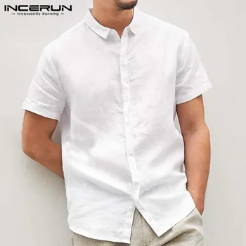 INCERUN Vīriešu Krekls Loose Fit Atloks Apkakli, Īsām Piedurknēm Vintage tīrtoņa Krāsu Streetwear Gadījuma Zīmola Krekls Vīriešiem Camisa Sociālo 2021 5XL
