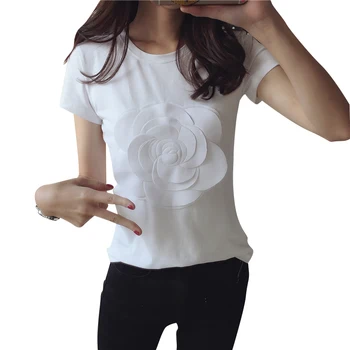 2018. gada Vasarā sievietēm, o-veida kakla īsām piedurknēm 3D ziedu t kreklu, kokvilnas t topi