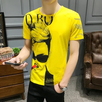 Korejas Top Īss Tee Vasaras Jaunais Modelis Personības Druka T Kreklu Camiseta Hombre Kluba Puses Auduma Homme Hombre Manga Corta