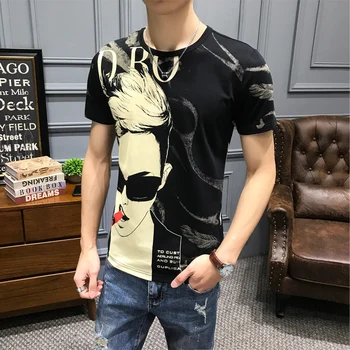 Korejas Top Īss Tee Vasaras Jaunais Modelis Personības Druka T Kreklu Camiseta Hombre Kluba Puses Auduma Homme Hombre Manga Corta