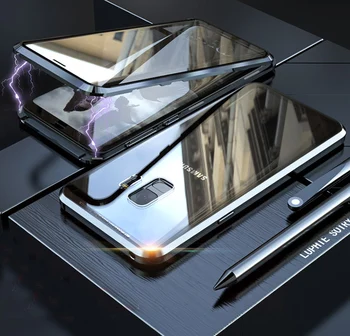Magnētiskā Adsorbcijas Triecienizturīgs Metāla Bamperis melns +Rūdīta Stikla ekrāna filmu Protective Case For Samsung Galaxy S9/S9 PLUS