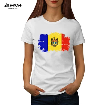 BLWHSA Moldovas Karoga Sieviešu T Krekls Vasaras Kokvilnas T-krekls Sievietēm O-veida kakla Moldovas Karoga Nostalgic Stila Dizains Īstermiņa piedurknēm Tees