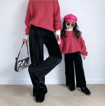 Rozā apaļu kakla džemperis uzstādīt Rietumu stila jaunie vecāki-bērns, meitene, korejiešu stilā dobi bieza vilnas dzija