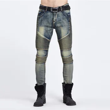 Vairumtirdzniecības & retail Mens Izdilis džinsi vīriešu 2016. gadam jaunu zīmolu Skrejceļa slim elastīga džinsa Biker džinsi hiphop motocikla Kravas bikses
