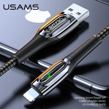 USAMS Auto Power Off Lightning Kabelis priekš iPhone 11 Pro Max 12 Xs X 8 Plus Vads 2.4 Ātrās Uzlādes Kabelis priekš iPhone Lādētājs
