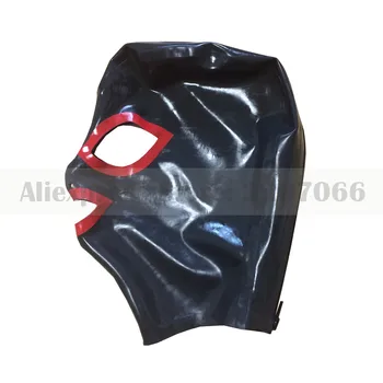 Unisex lateksa gumijas maska kapuci melns lateksa Kapuce ar sarkanu apdares atpakaļ zip RLM001