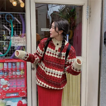 Sieviešu džemperis 2019. gada Rudens Un Ziemas korejiešu Stilā Brīvs Sarkans Izšūšanas Džemperis Sieviešu Apģērbu