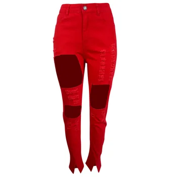 Sexy Dobi No Augsta Vidukļa Izlīdzināšanu Džinsa Bikses Caurums Pušķis Zila Sarkana Bikses Plus Lieluma Streetwear Džinsi Puse Kluba Tērpiem Jaunas