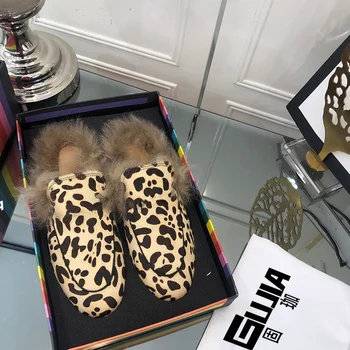 Itālijas ziemas 2020new trušu matu ikdienas sieviešu kurpes top ādas leopards drukāt plakana apakšējā puse čības augstas kvalitātes