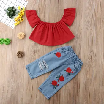 2gab Modes Meiteņu Apģērba Komplekts 2019 Vasaras Bērnu Meiteņu Drēbes Red Top Ruffles+Džinsa auduma Ziedu Caurumu Elsas Bērnu Apģērbu Neveiksmīgs