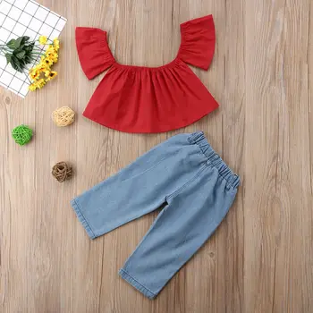 2gab Modes Meiteņu Apģērba Komplekts 2019 Vasaras Bērnu Meiteņu Drēbes Red Top Ruffles+Džinsa auduma Ziedu Caurumu Elsas Bērnu Apģērbu Neveiksmīgs