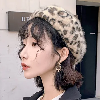 Modes Korejas Jaunas Ziemas Dāmas Leopard Berete Silts Retro Gleznotājs, Cepure, Āra Siltā Dome Drukāt Cepure