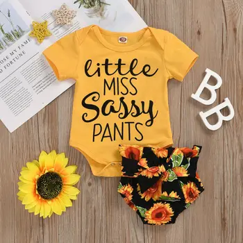 Summer Infant Baby Girl Apģērbu Komplekti, no 0-18M Vēstuli Print T-krekls Topi+Saulespuķu Šorti Tērpiem