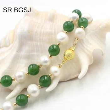Bezmaksas Piegāde 8-9mm Apaļas Baltas Kultivētas Pērles & 8mm Zaļš Izgatavots Eleganta Kaklarota sānslīdi kaklasaite
