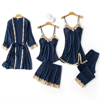 Tumši Zila Sieviešu 5GAB Sleepwear Satīna Mežģīnes Pidžamas Komplekts Naktskrekls Raibs Pidžamas Uzvalks Pavasara Jaunu Naktsveļu Mājas Apģērba