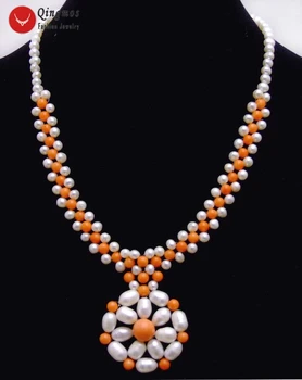 Qingmos 35-40mm Handwork Aušanas Pērle, Kulons, Kaklarota Sievietēm ar 5mm White Pearl & Orange Koraļļu 3 Daļa Chokers Kaklarota