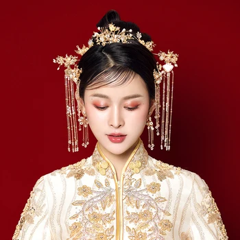 Jaunā Līgava Kāzu Galvassegu Ķīnas Retro Zelta Bārkstis Solis Krata, Matu Aksesuāri, Kāzu Xiuhe Han Fu Galvassegu