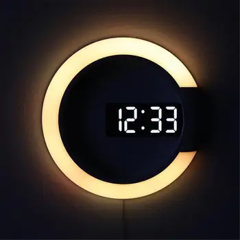 Sienas Pulkstenis LED Spogulis Daudzfunkcionāls Gaismas Modinātājs Ar Temperatūras Displejs Gredzenu Formas Apdare Pulkstenis