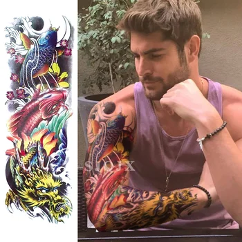 Pagaidu ūdensizturīgs tetovējumu uzlīmes, Bodhisatva zivju ziedu dēmons pulkstenis pūķis Pilnas rokas viltus tetovējumiem Lielie izmēri vīriešiem sievietēm