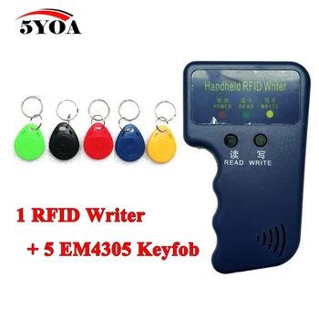 Rokas 125KHz EM4100 RFID Kopētājs, Rakstnieks Aparāts Programmētājs Lasītājs + 5 Gab. EM4305 T5577 Pārrakstāmie ID Keyfobs Atzīmes Kartē