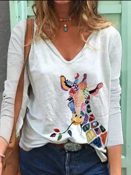 Sieviešu V Kakla Žirafes Drukāt Gadījuma T-krekls Rudens Sieviešu tīrtoņa Krāsu garām Piedurknēm Zaudēt Multiplikācijas filmu Tops