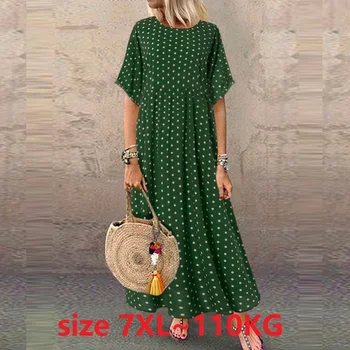 Sieviešu Kleita Plus Izmēra 5XL 6XL 7XL O Apkakli, Īsām Piedurknēm Dot Drukas Brīvs Gara Kleita Maxi Kleitas Dāmas Gadījuma Vintage Kleita