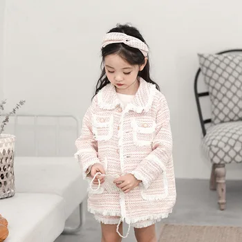 Meiteņu Rozā Pleds Uzvalks Rudens Ziemas Meiteņu Drēbes Toddler Meitene Modes Apģērbu Adīšana, Uzstādīt Atloks garām piedurknēm Jaka+ Bikses
