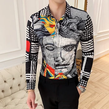 6xl Big Face Print Krekls Vīriešiem 2019 garām Piedurknēm Dizainers Rakstu Krekls Vīriešiem Chemise Homme Manche Longue Mannen Kleding 6xl