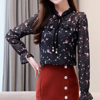 Korejas Modes Apģērbu 2020. Gadam Savienoti Melns Ar Garām Piedurknēm Top Blusas Mujer De Moda Ziedu Loku Izlīdzināšanu Piedurknēm Plus Lieluma Galotnēm 8217 50