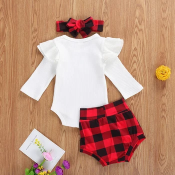 2020 Jaundzimušie no 0-18M Baby Meitenes Rudens Apģērbs Uzstādīt Cietā garām Piedurknēm Romper+Pleds Bikses+Galvas 3Pcs Modes Komplekts