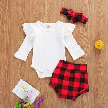 2020 Jaundzimušie no 0-18M Baby Meitenes Rudens Apģērbs Uzstādīt Cietā garām Piedurknēm Romper+Pleds Bikses+Galvas 3Pcs Modes Komplekts