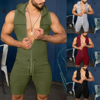 2020. gada Vasaras Vīriešiem Gadījuma vienkrāsainu bez Piedurknēm Jumpsuit Kabatas Īsās Bikses Kapuci Romper ar Kabatām Vīriešu Modes Kombinezonus