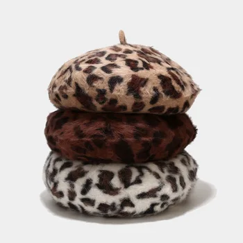 Sieviešu Franču Stilā Vintage Leopards Drukāt Vilnas Mīkstās Ziemas Siltā Berete Beanie Cepure