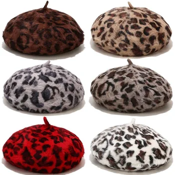 Sieviešu Franču Stilā Vintage Leopards Drukāt Vilnas Mīkstās Ziemas Siltā Berete Beanie Cepure