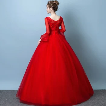 Sarkana Kāzu Kleita 2020. Gadam, Stila Balles Kleitas Līgavas Ar Garām Piedurknēm Ar Mežģīņu Augšu, Kāzu Kleitas Plus Lieluma Princese Dressess Vestidos De Novia