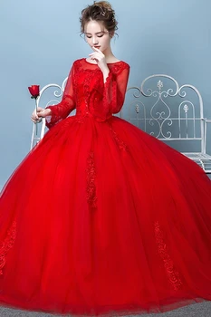 Sarkana Kāzu Kleita 2020. Gadam, Stila Balles Kleitas Līgavas Ar Garām Piedurknēm Ar Mežģīņu Augšu, Kāzu Kleitas Plus Lieluma Princese Dressess Vestidos De Novia
