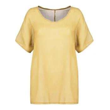 T-krekls sievietēm gadījuma zaudēt vasaras cieto O-veida kakla krekls ar īsām piedurknēm un top kokvilnas, linu blūze