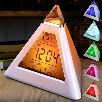 Krāsaina Piramīda LCD Modinātājs, Nakts Gaisma Termometrs Digital Sienas Pulkstenis 7 Krāsu Maināms Led Pulkstenis Mājas Dekori Aksesuāri