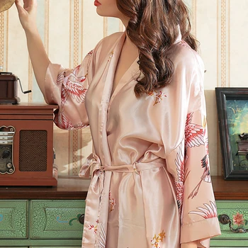 CWFMZQ Nightdress Satīna Zīda Kimono, Peldmētelis Sievietēm Līgavas Kāzu Tērpu Kleita Kleita Sexy Drukāšanas Ilgi, Seksīgas Pidžamas Sleepwear