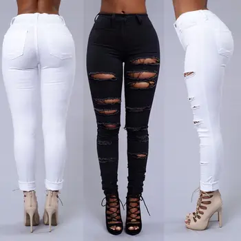 Slim Jeans Sievietēm Jaunā Modes Vasaras Izbalējis Ripped Skinny Džinsa Džinsi, Seksīgi Caurumu Džinsi Baltā Melnā Augsta Vidukļa Zīmuli Džinsi