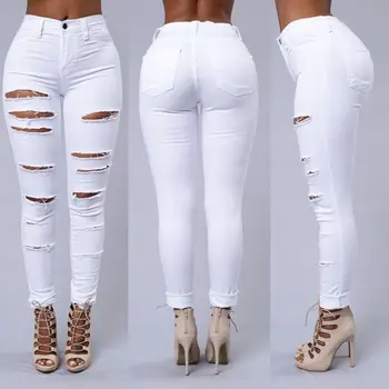Slim Jeans Sievietēm Jaunā Modes Vasaras Izbalējis Ripped Skinny Džinsa Džinsi, Seksīgi Caurumu Džinsi Baltā Melnā Augsta Vidukļa Zīmuli Džinsi