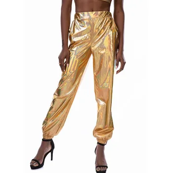 Spīdīga Metāla Hologrāfiskā Joggers Sievietēm Dziesmu Bikses Modes Spilgti Augsta Vidukļa Wetlook Harēma Bikses, Treniņbikses Hip Hop Bikses