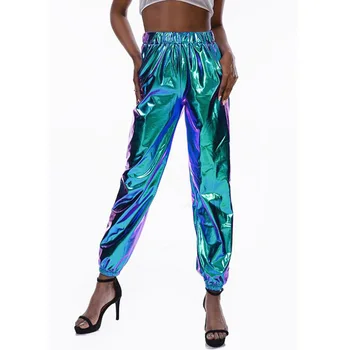 Spīdīga Metāla Hologrāfiskā Joggers Sievietēm Dziesmu Bikses Modes Spilgti Augsta Vidukļa Wetlook Harēma Bikses, Treniņbikses Hip Hop Bikses